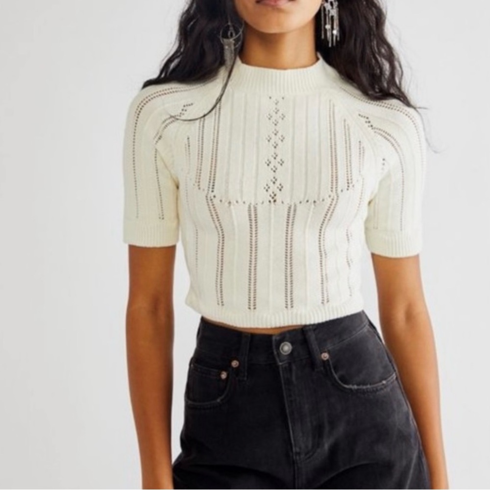 Free People The Roma Pointelle Stitch Cropped Sweater Sz Sm